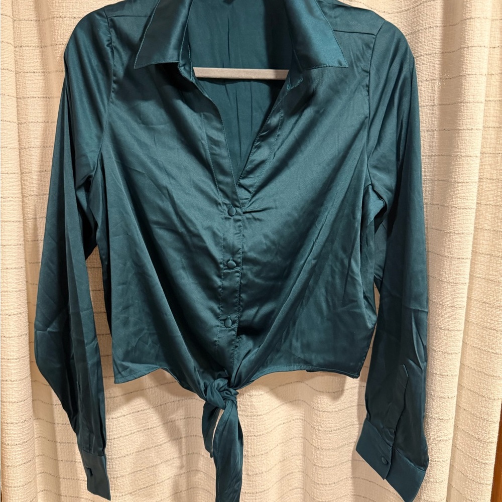 Guess Teal Satin Blouse with Tie Front